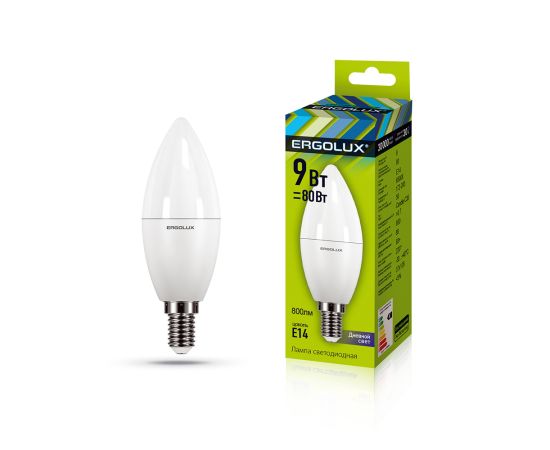 ლედ ნათურა ეკონომიური ცივი, ცოკოლზე C35-9W-E14-6K Ergolux